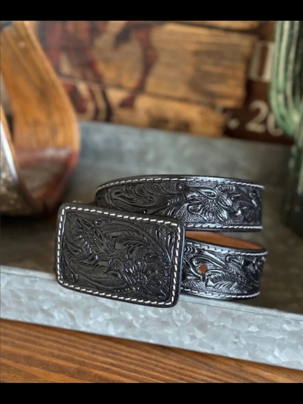 American Darling Black Tooled Leather Belt with Floral Buckle